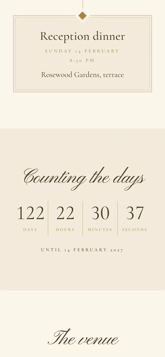 A YoureIn invitation showing a live countdown in days, hours, minutes and seconds to the wedding date