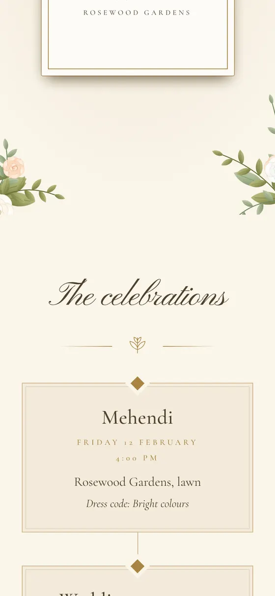A YoureIn invitation listing three celebrations with their dates, times, venues and dress codes