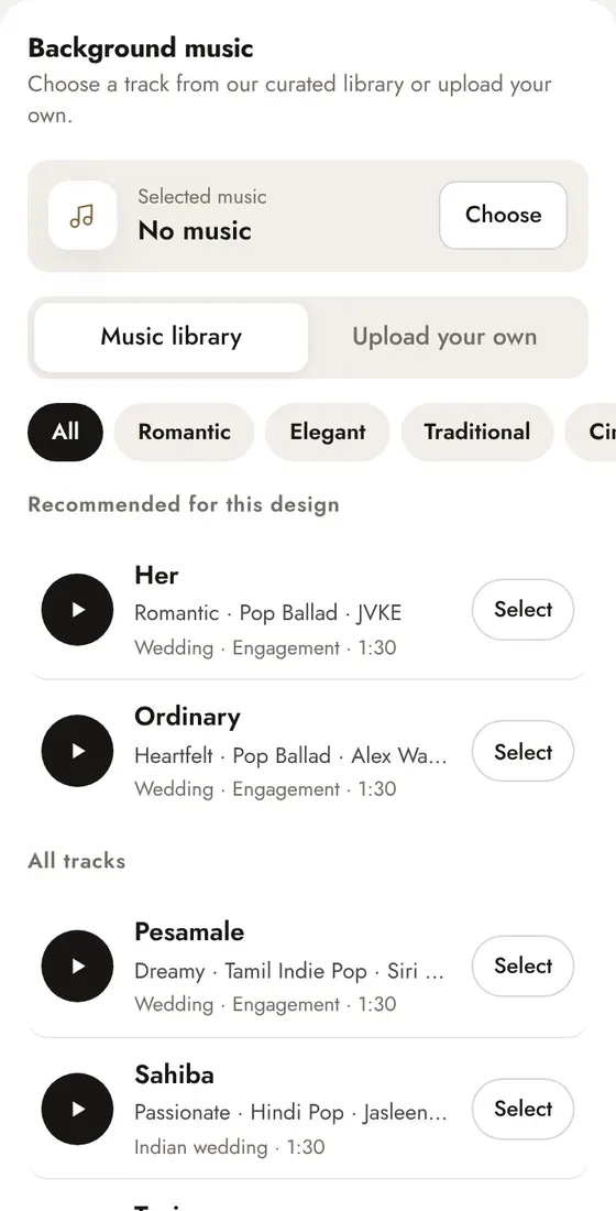 YoureIn editor music picker with a library of tracks grouped by mood, recommended tracks first, and an option to upload your own