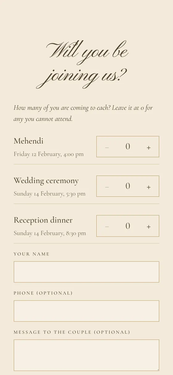 YoureIn invitation reply form asking how many guests are coming to each of three functions: Mehendi, Wedding ceremony and Reception dinner