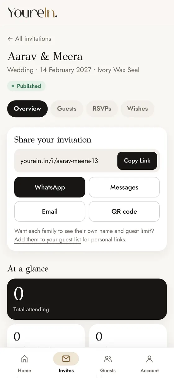 YoureIn share screen with the invitation link and WhatsApp, Messages, Email and QR code buttons